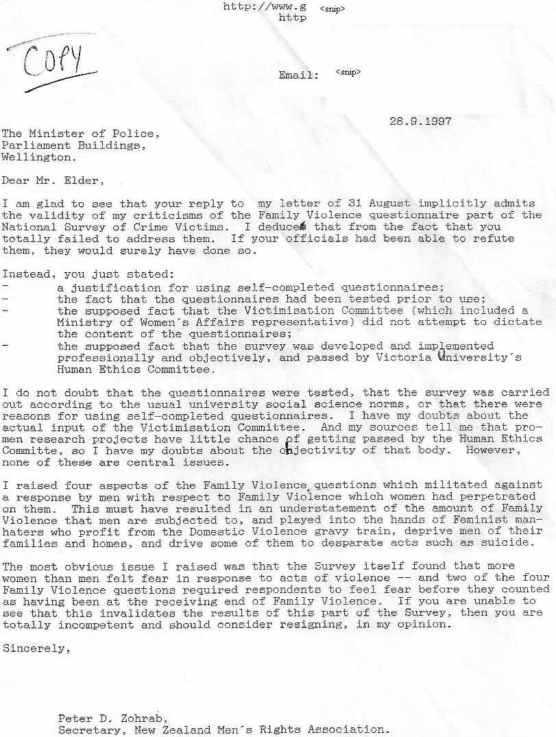 Letter to Police Minister of  28 September 1997