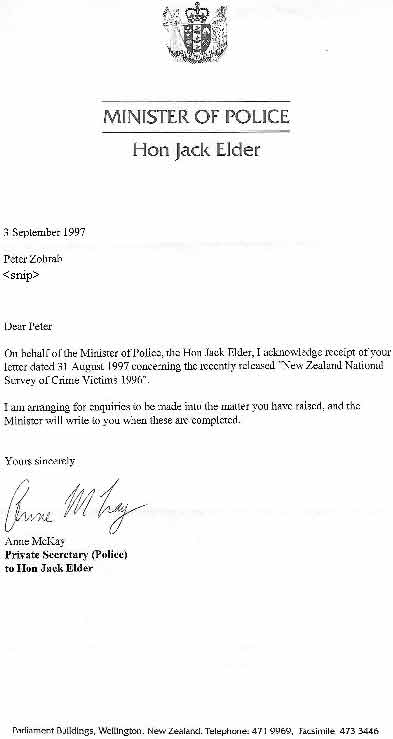 Letter from Police Minister of  3 September 1997