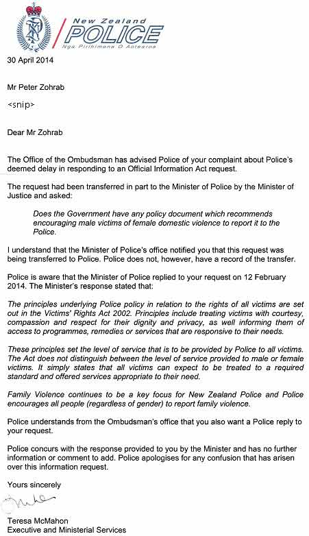 Police letter of 30 April 2014